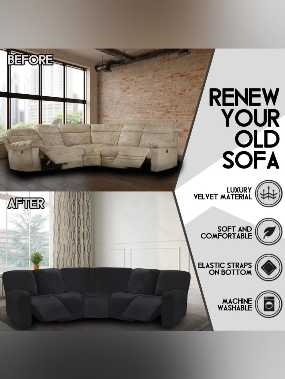 Luxury Black Reclining Sectional Sofa Cover Bring The Old Into New Again - Picture 4 of 9